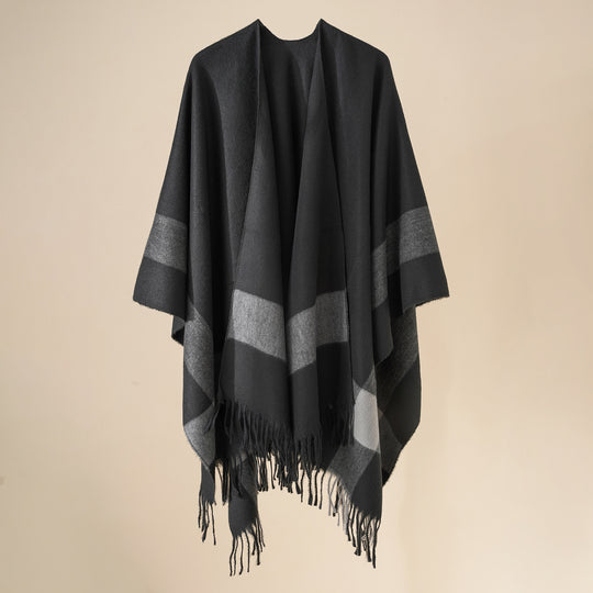 Damen Wollmix-Poncho mit Karomuster und Fransen Shop Nory