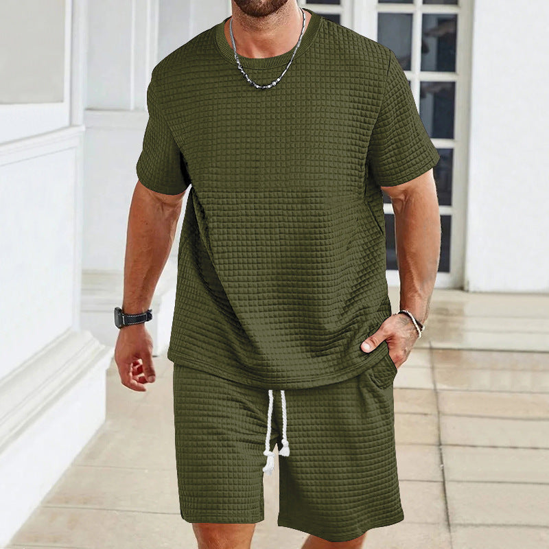 Herren nan Waffelstruktur Wohn- und Freizeit-Set mit weit geschnittenem Kurzarmshirt und kurzer Hose mit elastischem Bund