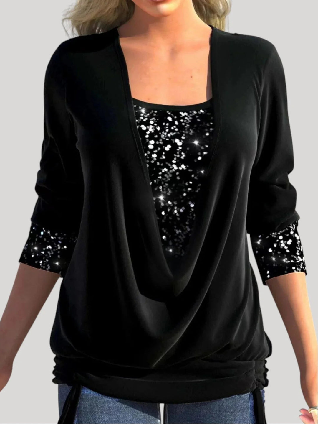 Damen Modischer Drape-Pullover mit Glitzerakzenten