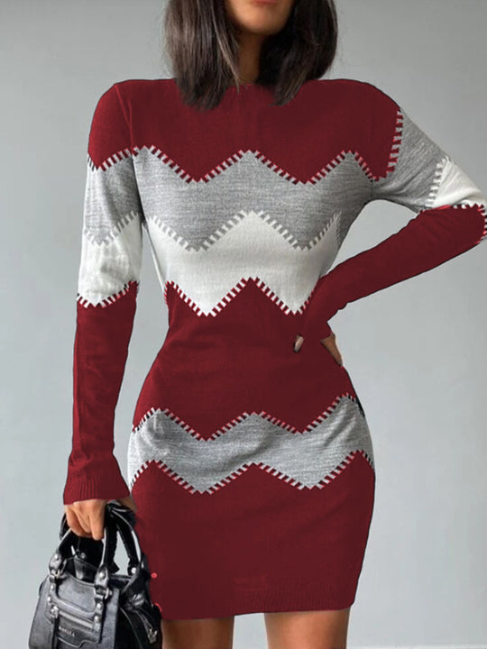 Frauen Figurbetonendes Feinstrick Mini Kleid mit Zickzackstruktur und Rundhalsausschnitt Shop Nory
