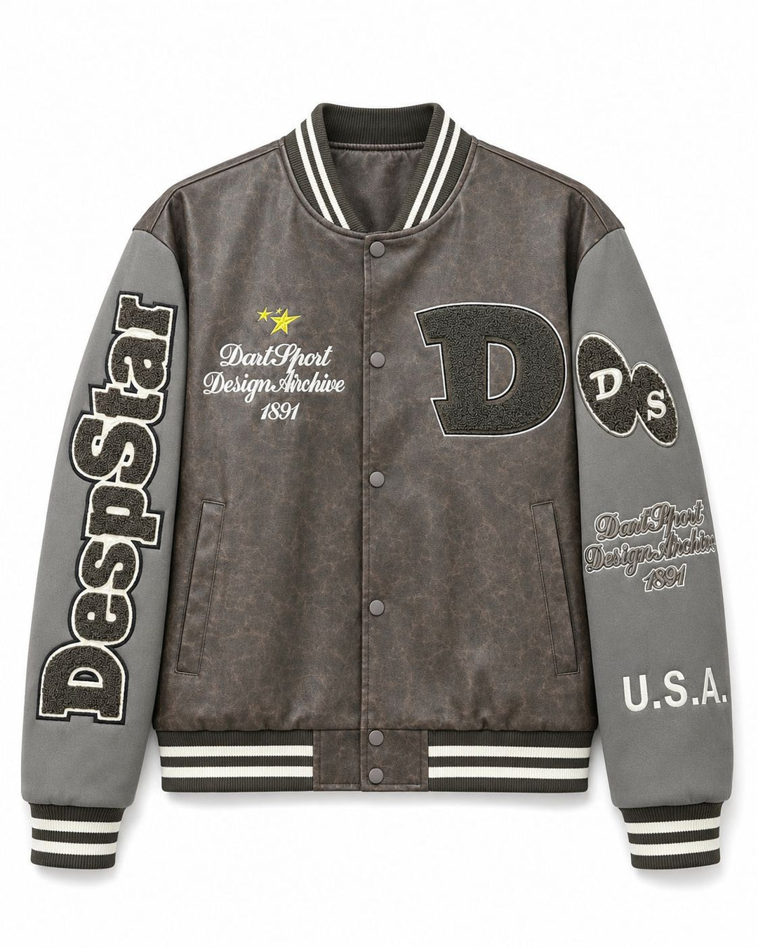 Herren Varsity-Bomberjacke im College-Stil aus Lederimitat mit Applikationen Shop Nory