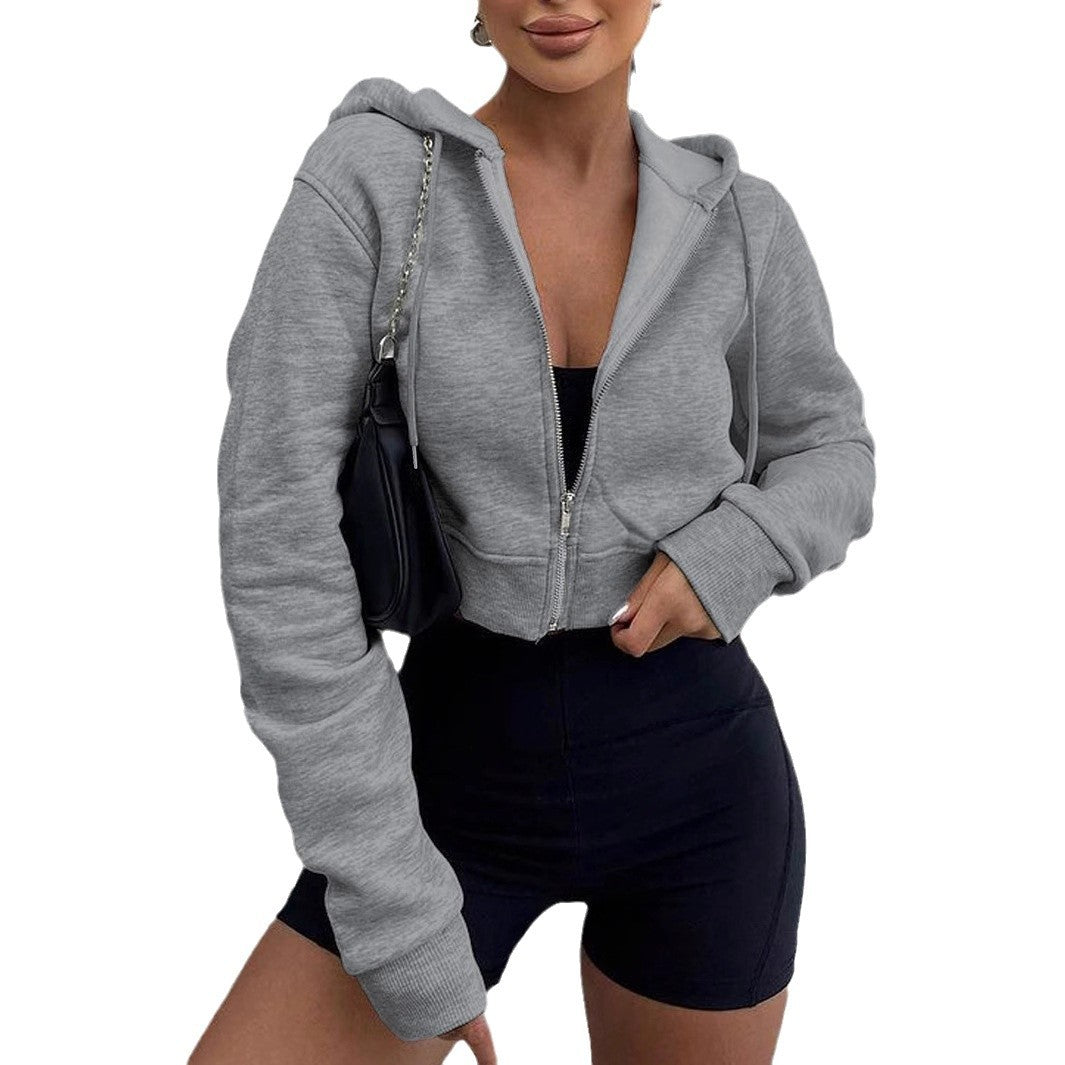 Damen Kurz geschnittene Kapuzenjacke mit Reißverschluss, voluminösen Ärmeln und schmalem Bund Shop Nory