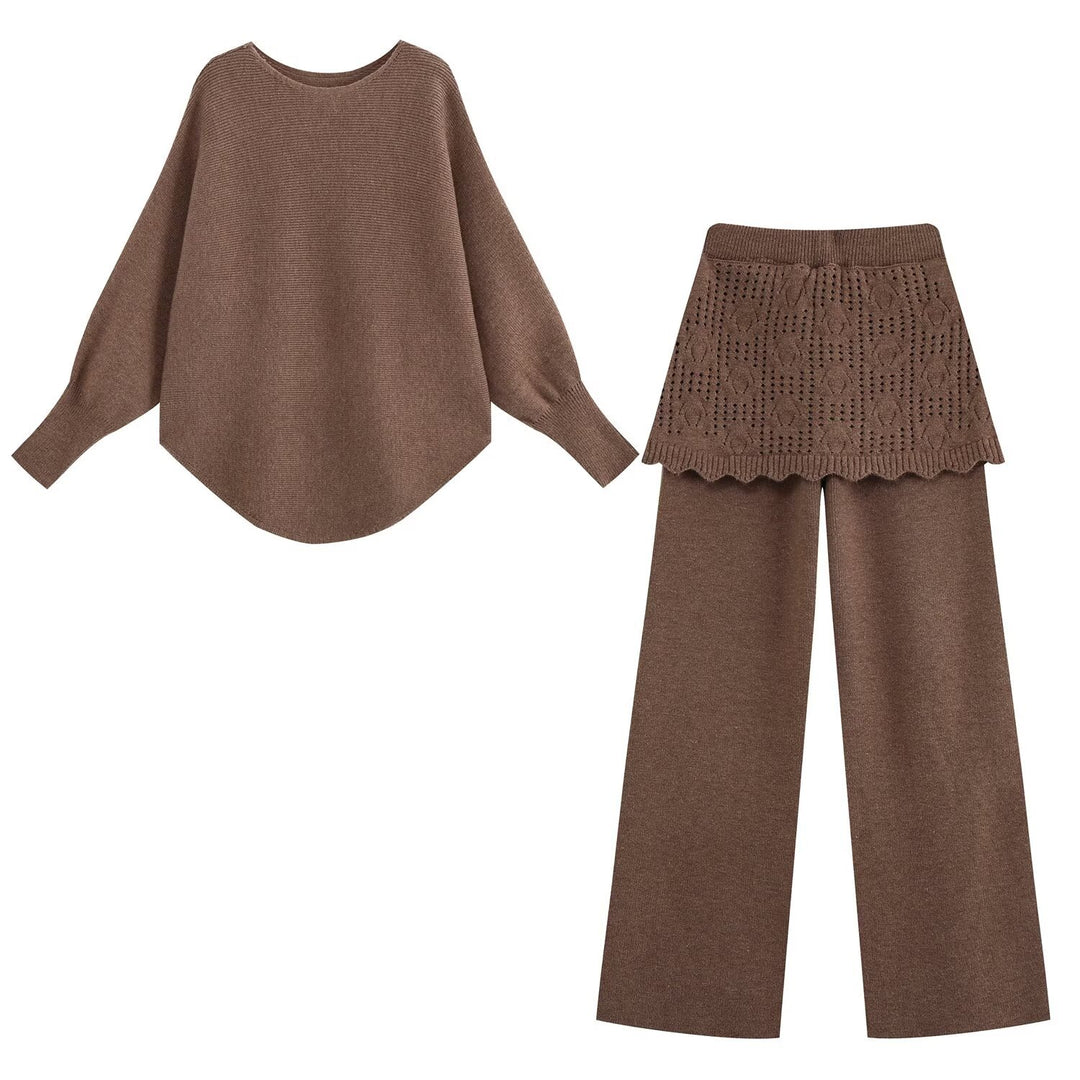Damen Zweiteiliges Strick-Set mit Oversize-Pullover, Lochmuster-Miniüberrock und weiter Palazzohose Shop Nory