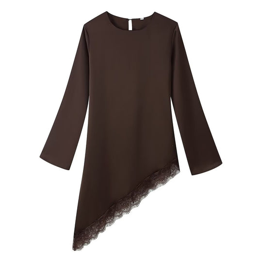 Damen Asymmetrische Langarm-Tunika mit Spitzenbesatz und schrägem Saum Shop Nory