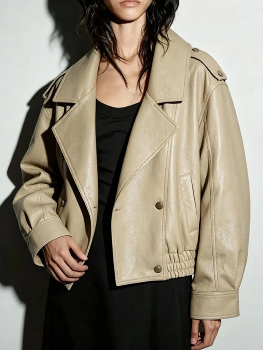 Damen Oversize Lederimitat-Blouson mit doppelreihiger Knopfleiste, weitem Revers und elastischem Saum Shop Nory