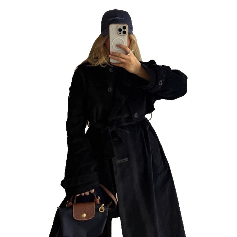 Damen langer Cord-Trenchcoat mit Bindegürtel und Oversize-Schultern Shop Nory