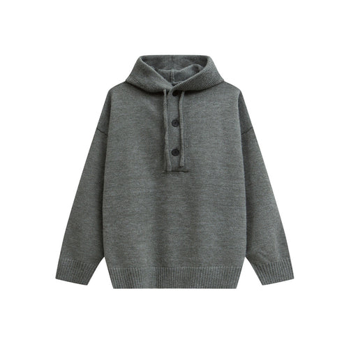 Damen Oversize Kapuzenstrickpullover mit halber Knopfleiste und Rippbündchen Shop Nory