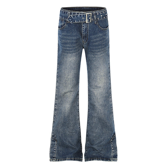 Damen High-Waist Flared-Denimjeans mit Nietenbesatz, weitem Schlag und Ziergürtel Shop Nory
