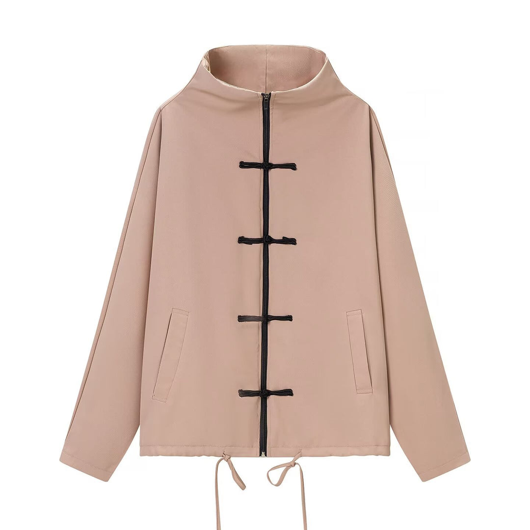 Damen leichte Boxy-Jacke mit Stehkragen, Zipper-Front, Kordelzug und dekorativen Knotenverschlüssen Shop Nory