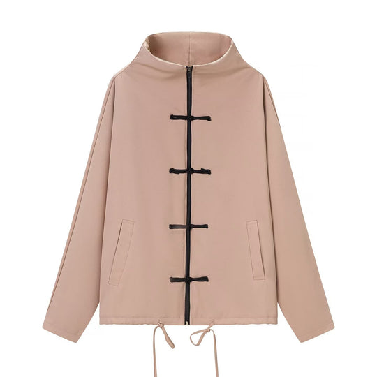 Damen leichte Boxy-Jacke mit Stehkragen, Zipper-Front, Kordelzug und dekorativen Knotenverschlüssen Shop Nory
