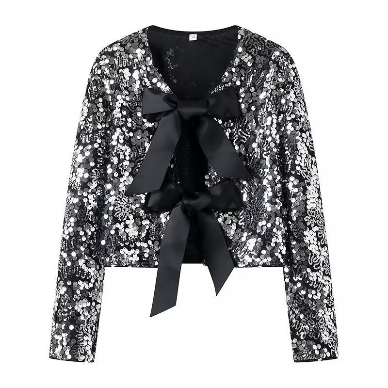 Damen Kurzjacke mit Paillettenbesatz und Zierschleifen-Front Shop Nory