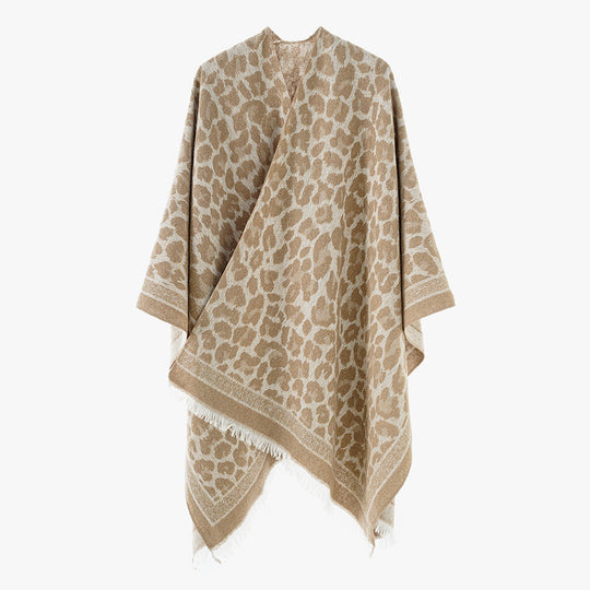 Damen Jacquard‑Poncho im Oversize‑Überwurf mit Leoprint und Fransensaum Shop Nory