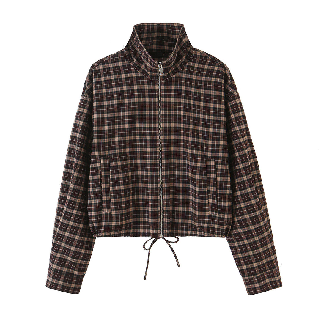Damen Karierter Cropped-Blouson mit Stehkragen, Tunnelzugsaum und Eingrifftaschen Shop Nory