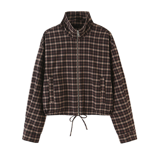 Damen Karierter Cropped-Blouson mit Stehkragen, Tunnelzugsaum und Eingrifftaschen Shop Nory