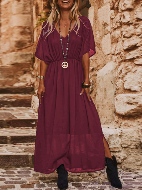 Damen Langes Boho‑Maxikleid mit V‑Ausschnitt, weiten Fledermausärmeln und hohem Beinschlitz Shop Nory