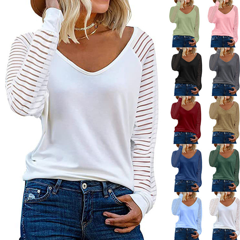 Damen Langärmliges V-Ausschnitt Shirt mit gestreiften Ärmeln