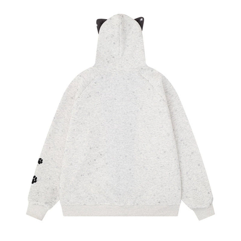 Damen Zip-Kapuzenjacke mit Musikprint, 3D-Ohrenkapuze und Pfoten-Applikation Shop Nory