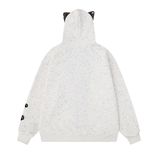 Damen Zip-Kapuzenjacke mit Musikprint, 3D-Ohrenkapuze und Pfoten-Applikation Shop Nory