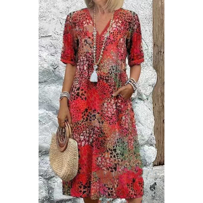 Damen Strandkleid im lässigen Stil mit Taschen und V-Ausschnitt