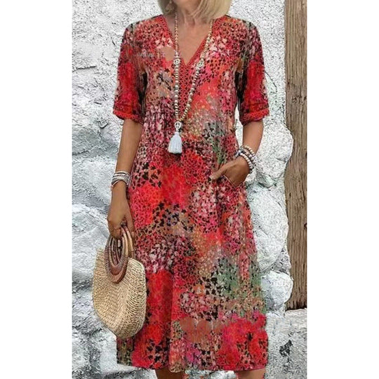 Damen Strandkleid im lässigen Stil mit Taschen und V-Ausschnitt