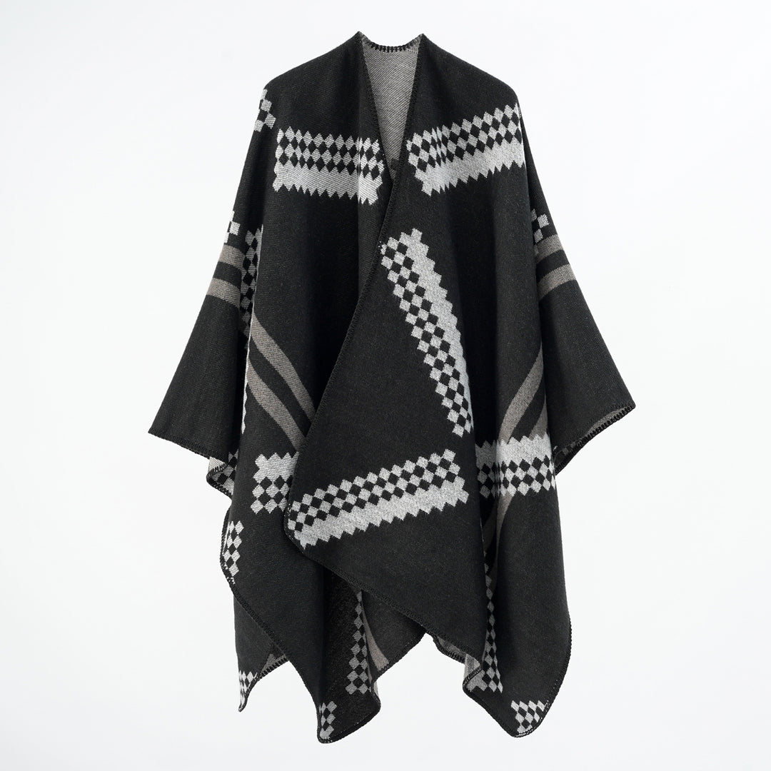 Damen Oversize-Umhangponcho aus Wollmix mit geometrischem Jacquard und Ziernaht Shop Nory