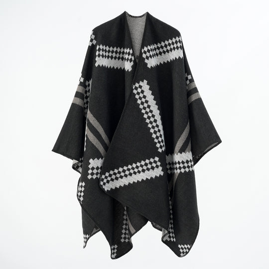 Damen Oversize-Umhangponcho aus Wollmix mit geometrischem Jacquard und Ziernaht Shop Nory