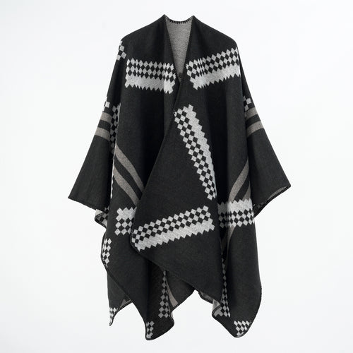 Damen Oversize-Umhangponcho aus Wollmix mit geometrischem Jacquard und Ziernaht Shop Nory