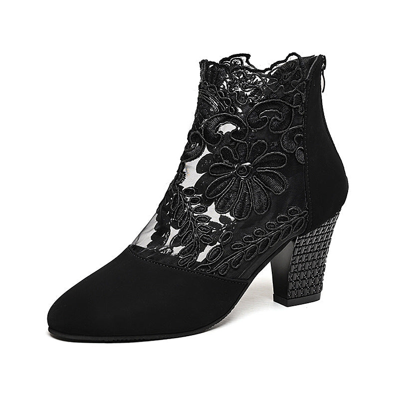 Damen elegante Ankle-Stiefel mit feiner Spitze und komfortablem Blockabsatz Shopnory