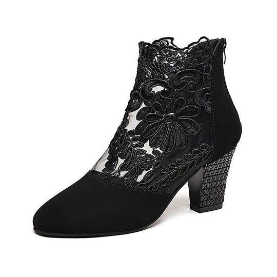 Damen elegante Ankle-Stiefel mit feiner Spitze und komfortablem Blockabsatz Shopnory