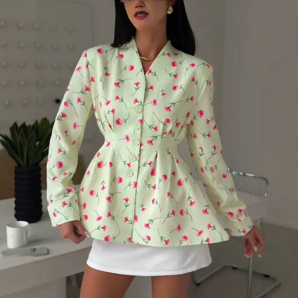 Damen Taillierter Blazer mit Schößchen, dekorativen Knöpfen und floralem Muster Shop Nory
