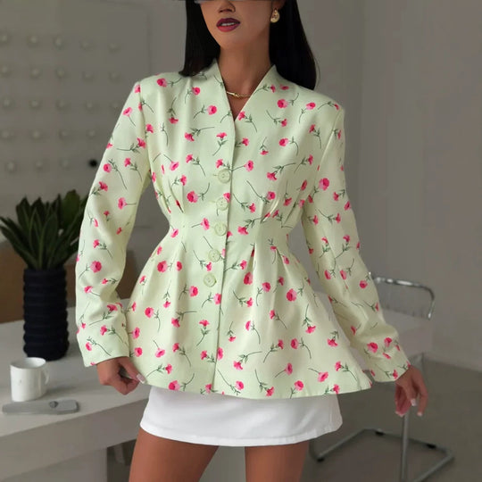 Damen Taillierter Blazer mit Schößchen, dekorativen Knöpfen und floralem Muster Shop Nory