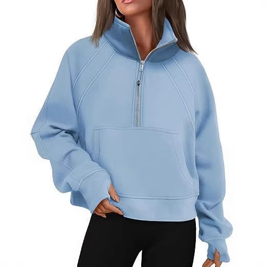 Damen nan weit geschnittenes Kurzpullover mit Stehkragen, halbem Reißverschluss und Kängurutasche Shop Nory