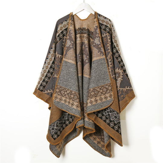 Damen Wollmix-Jacquard-Capeponcho im Ethno-Look mit dekorativer Ziernaht Shop Nory