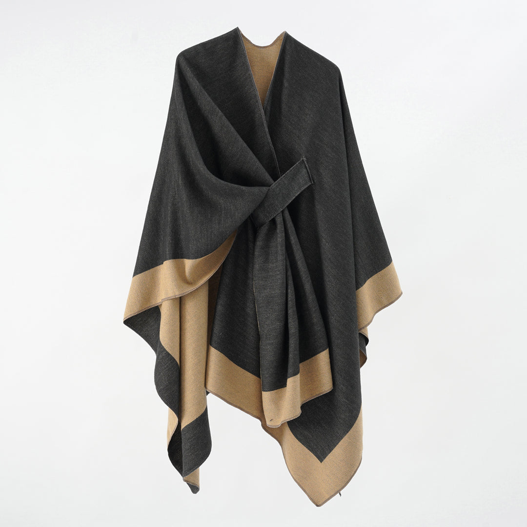 Damen Weicher Strickponcho mit Gürtel und Kontrastkante Shop Nory