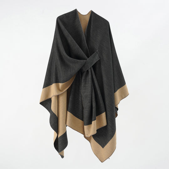 Damen Weicher Strickponcho mit Gürtel und Kontrastkante Shop Nory