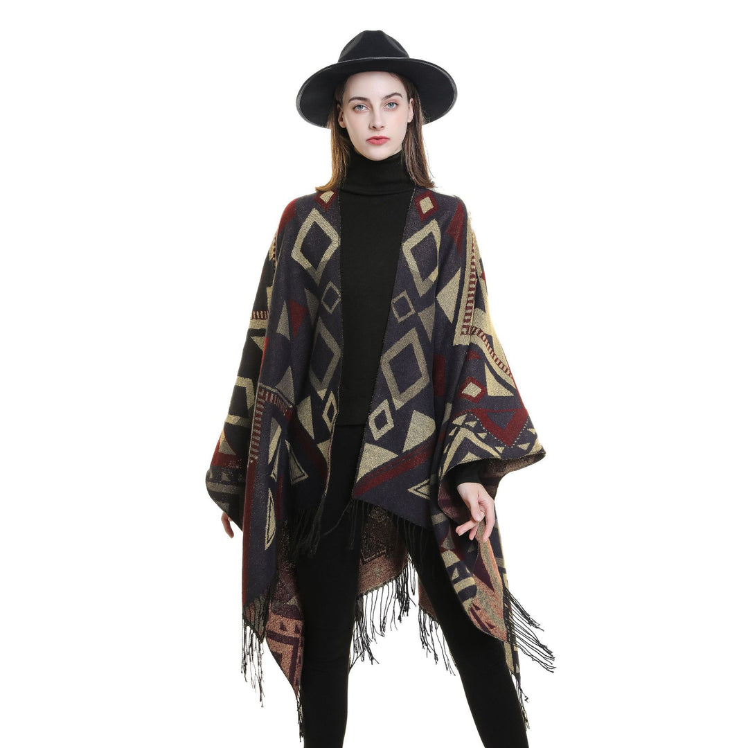 Damen Gewebter Ruana-Umhang aus Wollmix mit grafischem Ethno-Jacquard und langen Fransen Shop Nory