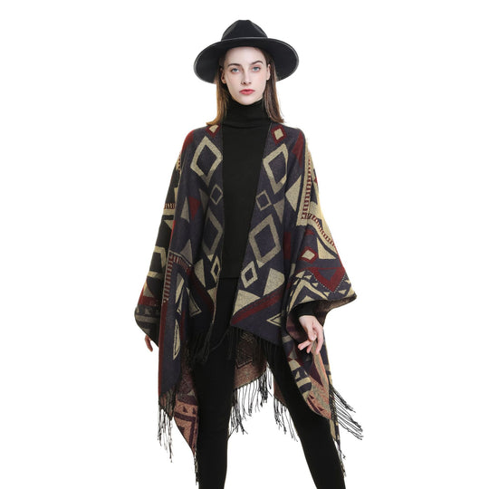Damen Gewebter Ruana-Umhang aus Wollmix mit grafischem Ethno-Jacquard und langen Fransen Shop Nory
