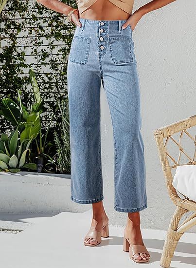 Damen High-Waist Jeans mit Knopfdetail und weitem Bein