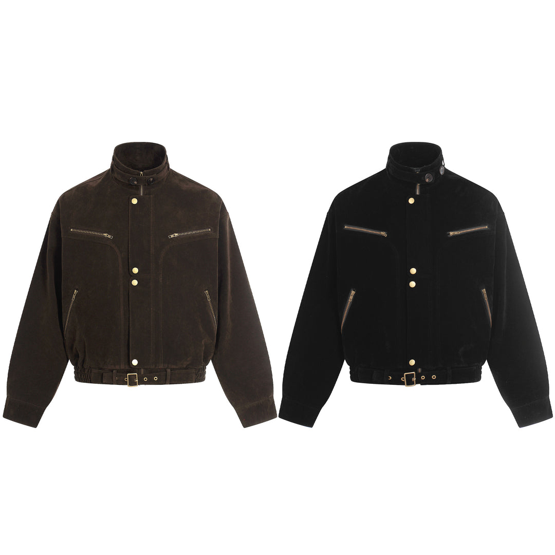 Herren Veloursleder-Blouson im Aviator‑Stil mit Stehkragen, Taillenriegel und Reißverschlusstaschen Shop Nory