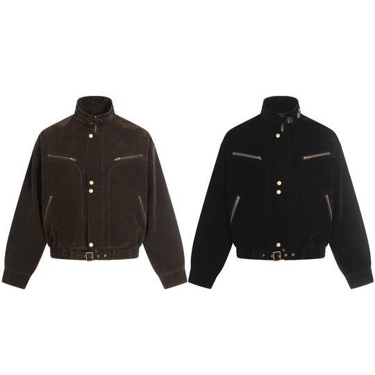 Herren Veloursleder-Blouson im Aviator‑Stil mit Stehkragen, Taillenriegel und Reißverschlusstaschen Shop Nory