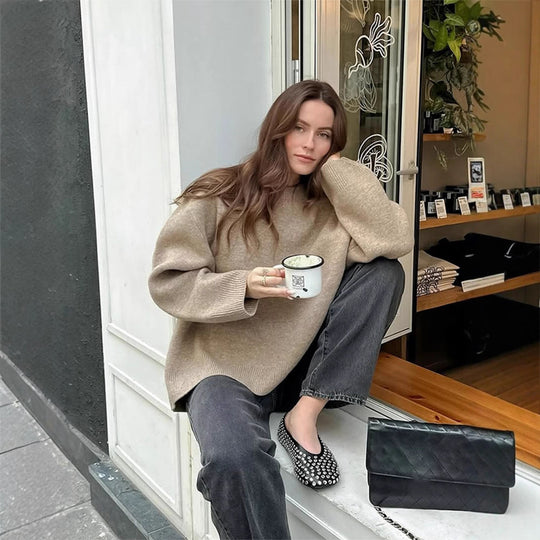 Damen Oversized Feinstrick-Pullover mit Rundhalsausschnitt und Ballonärmeln Shop Nory