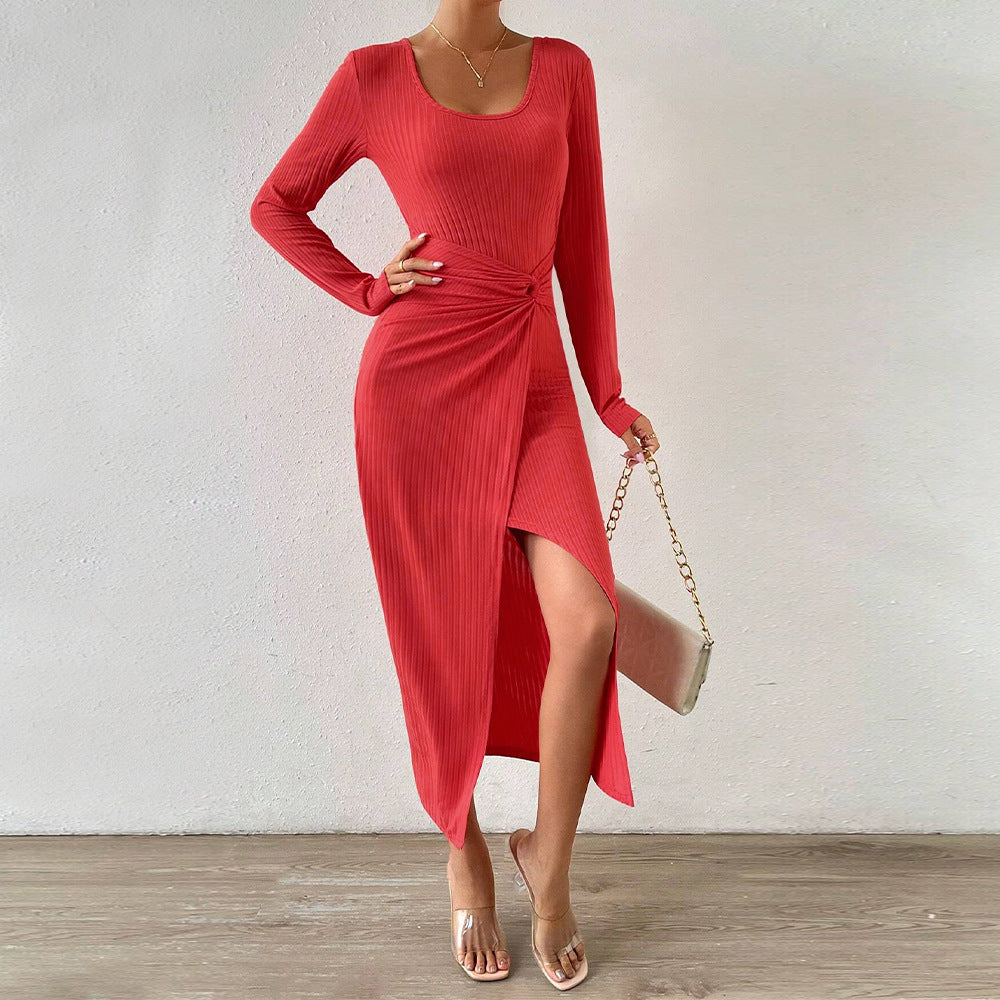 Damen gerafftes Maxikleid mit Knotendetail, figurbetonter Rippenstruktur und hohem Seitenschlitz Shop Nory