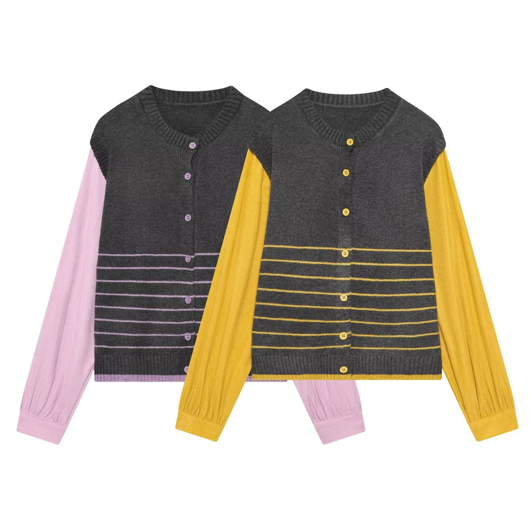 Damen Lagenlook-Strickcardigan mit gestreiftem Westeinsatz und Volumenärmeln Shop Nory