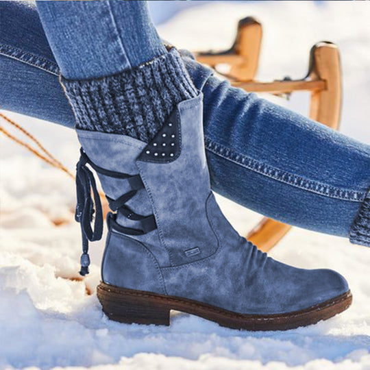 Damen Winterliche Kurzschaft-Stiefelette mit Strickmanschette, Zierkordel und Veloursoptik Shop Nory