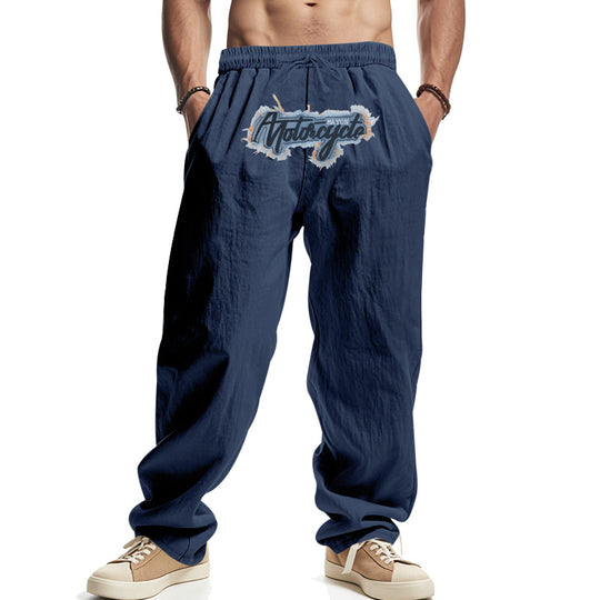 Herren Locker sitzende Leinenoptik-Relaxhose mit elastischem Bund, Kordelzug & Frontprint Shop Nory