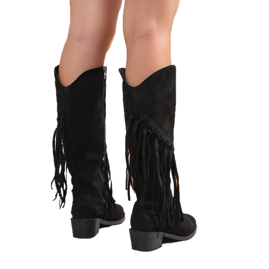 Damen Western-Kniestiefel mit Fransen, Wildlederoptik und mittelhohem Blockabsatz Shop Nory