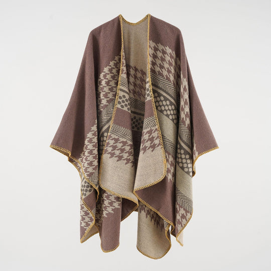 Damen Wohliger Oversize-Umhangponcho aus Wollmix mit Hahnentritt- und Grafikjacquard Shop Nory