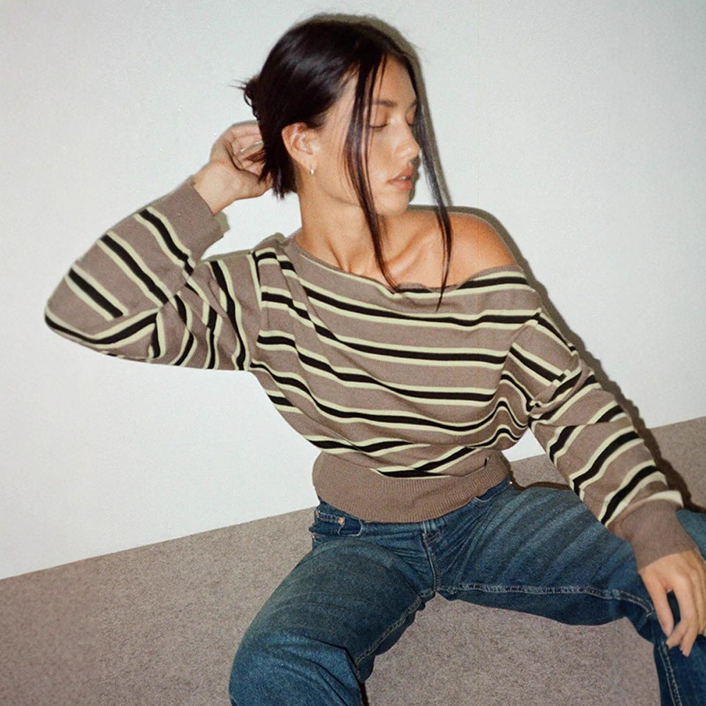 Damen Feinstrick-Boatneck-Pullover mit asymmetrischem Schulterfall, breitem Rippbund und lässigen Ballonärmeln Shop Nory