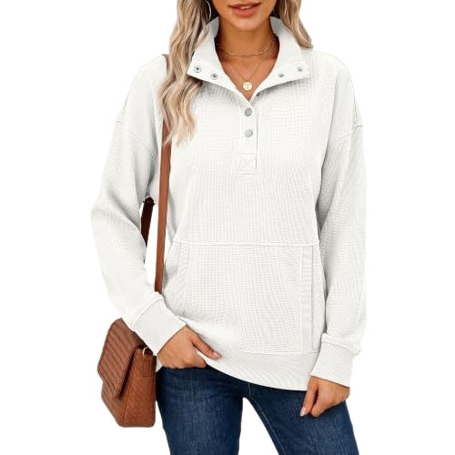 Damen Waffelstrick-Pullover mit Stehkragen, Druckknopfleiste und Kängurutasche Shop Nory