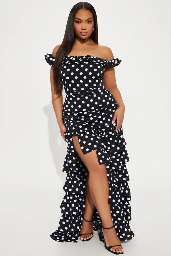 Damen Off-Shoulder Maxikleid mit Rüschen und aufregendem Schlitz Shopnory